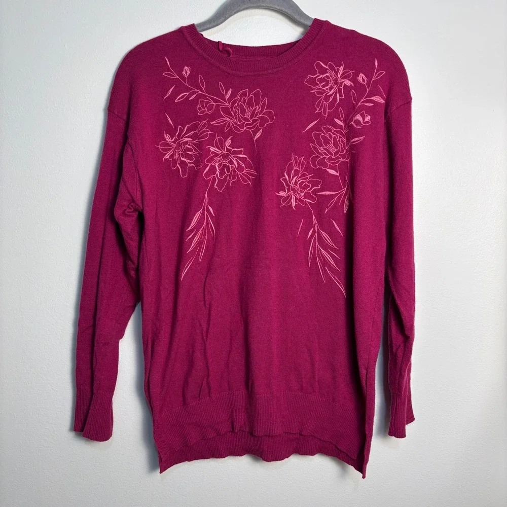 Greenfield Medium Floral Embroidered Sweater Pink Long Sleeve Cottagecore